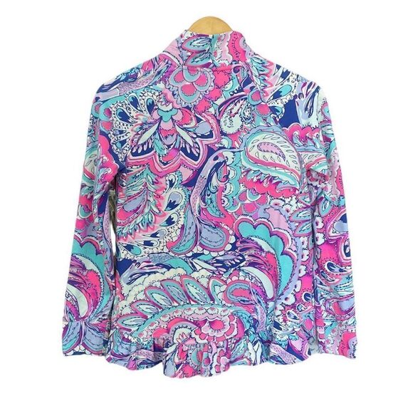 Lilly Pulitzer Killian Popover in Pink Tropics Print Ruffle Half Zip XS Pink Blu - Picture 3 of 8